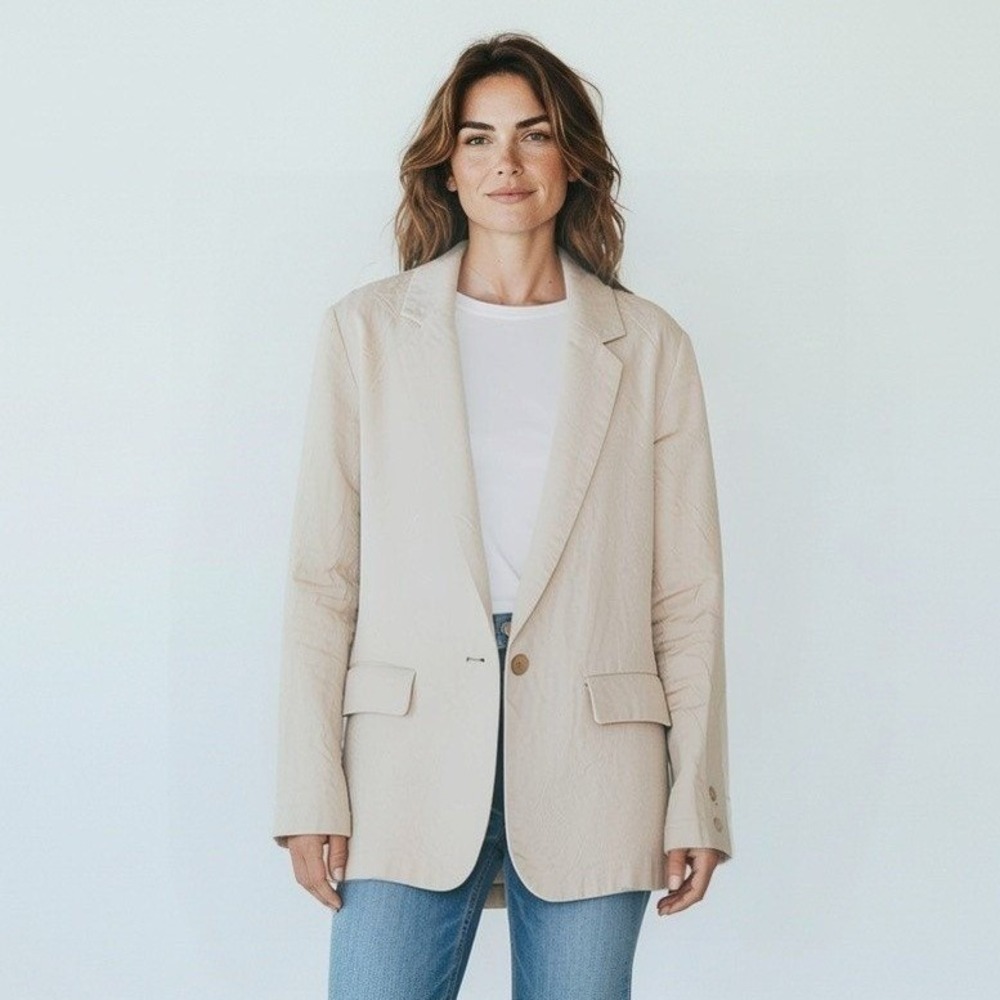 Quince 100% European Linen Blazer Sand Beige Relaxed Fit Size L Womens